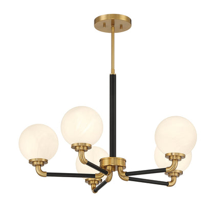Savoy House Dresden 27in 5-Light Chandelier | Vintage Mid-Century Modern Matte Black and Warm Brass with White Strie Glass | Model L1-9605-5-143
