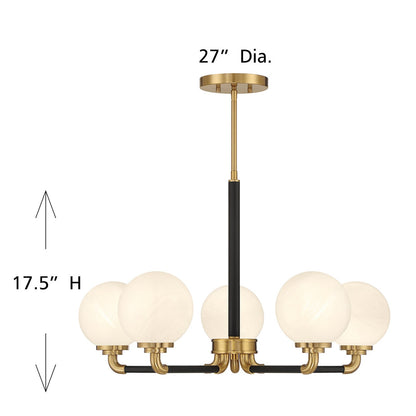 Savoy House Dresden 27in 5-Light Chandelier | Vintage Mid-Century Modern Matte Black and Warm Brass with White Strie Glass | Model L1-9605-5-143
