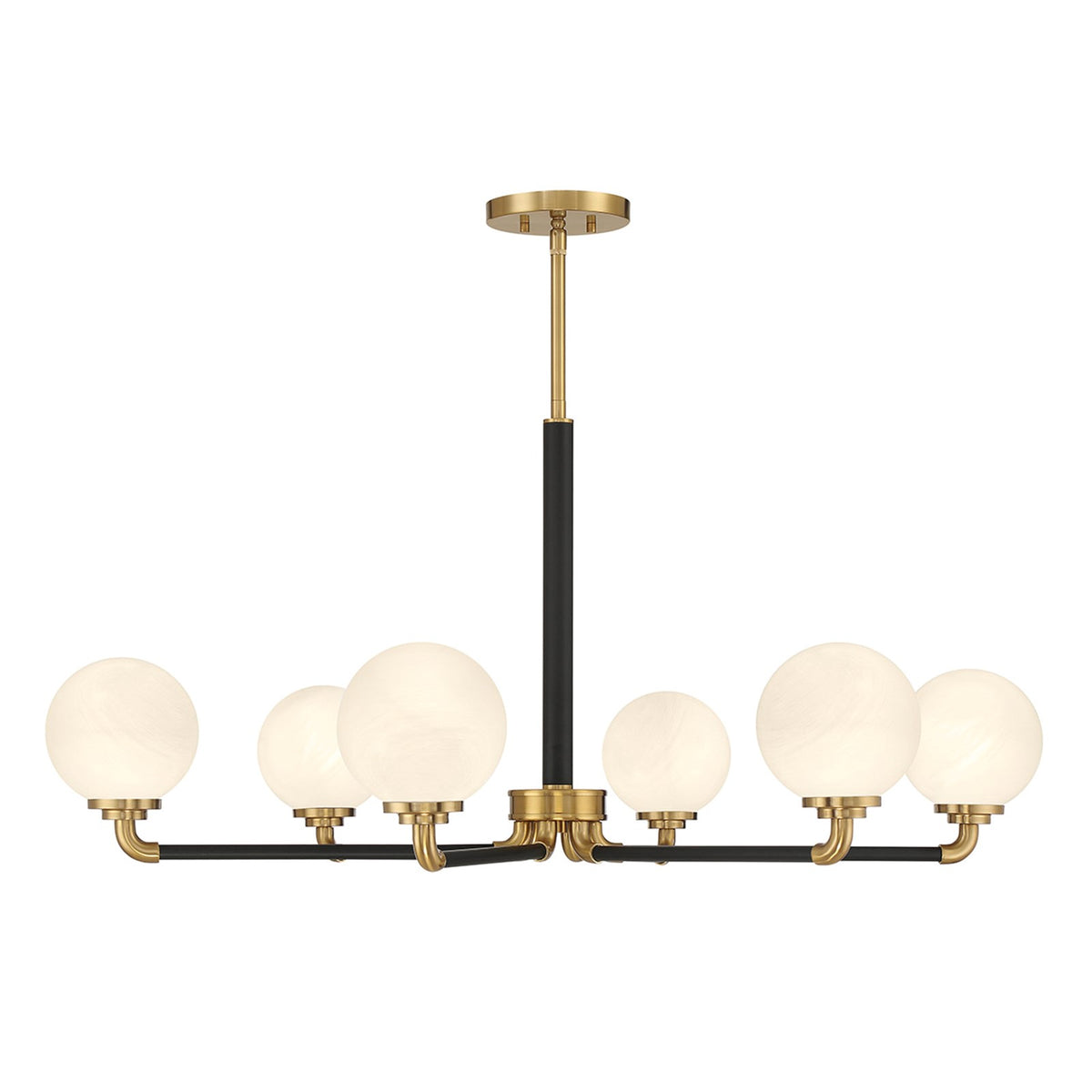 Savoy House Dresden 39in 6-Light Chandelier | Vintage Mid-Century Modern Matte Black and Warm Brass with White Strie Glass | Model L1-9606-6-143