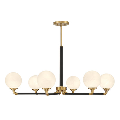 Savoy House Dresden 39in 6-Light Chandelier | Vintage Mid-Century Modern Matte Black and Warm Brass with White Strie Glass | Model L1-9606-6-143