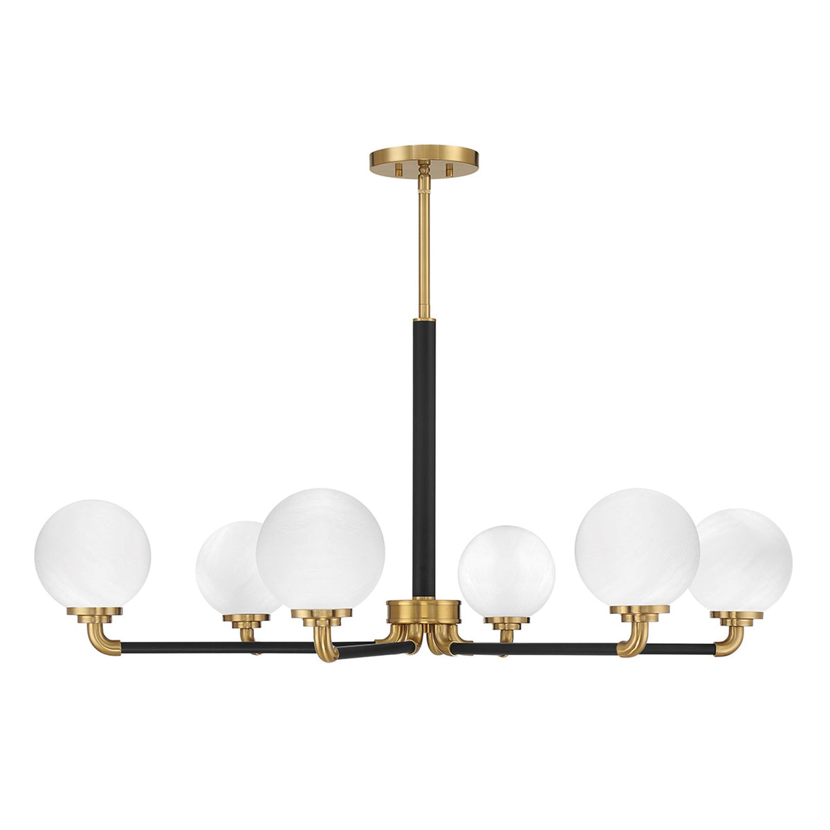 Savoy House Dresden 39in 6-Light Chandelier | Vintage Mid-Century Modern Matte Black and Warm Brass with White Strie Glass | Model L1-9606-6-143