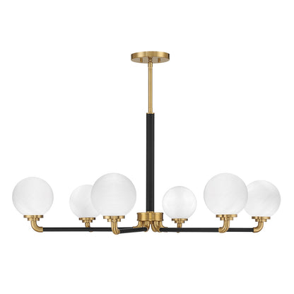 Savoy House Dresden 39in 6-Light Chandelier | Vintage Mid-Century Modern Matte Black and Warm Brass with White Strie Glass | Model L1-9606-6-143
