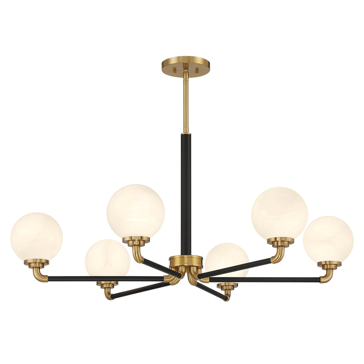 Savoy House Dresden 39in 6-Light Chandelier | Vintage Mid-Century Modern Matte Black and Warm Brass with White Strie Glass | Model L1-9606-6-143