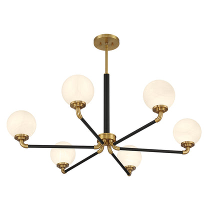 Savoy House Dresden 39in 6-Light Chandelier | Vintage Mid-Century Modern Matte Black and Warm Brass with White Strie Glass | Model L1-9606-6-143