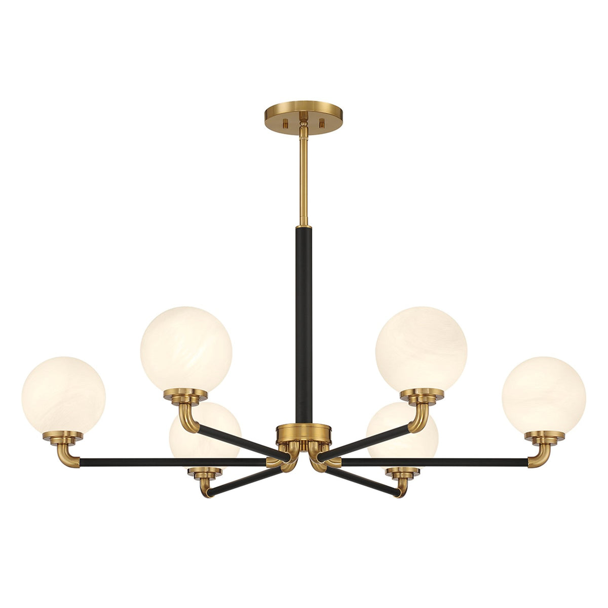 Savoy House Dresden 39in 6-Light Chandelier | Vintage Mid-Century Modern Matte Black and Warm Brass with White Strie Glass | Model L1-9606-6-143