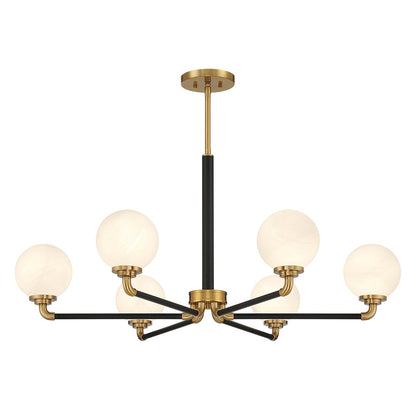 Savoy House Dresden 39in 6-Light Chandelier | Vintage Mid-Century Modern Matte Black and Warm Brass with White Strie Glass | Model L1-9606-6-143