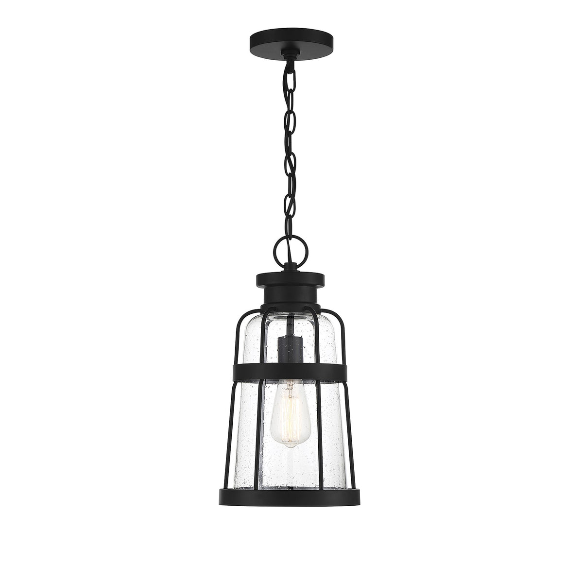 Savoy House Quinton 16.5in 1-Light Outdoor Hanging Lantern | Coastal Matte Black and Clear Seeded Glass | Covered Patio & Porch | Model L5-2943-BK