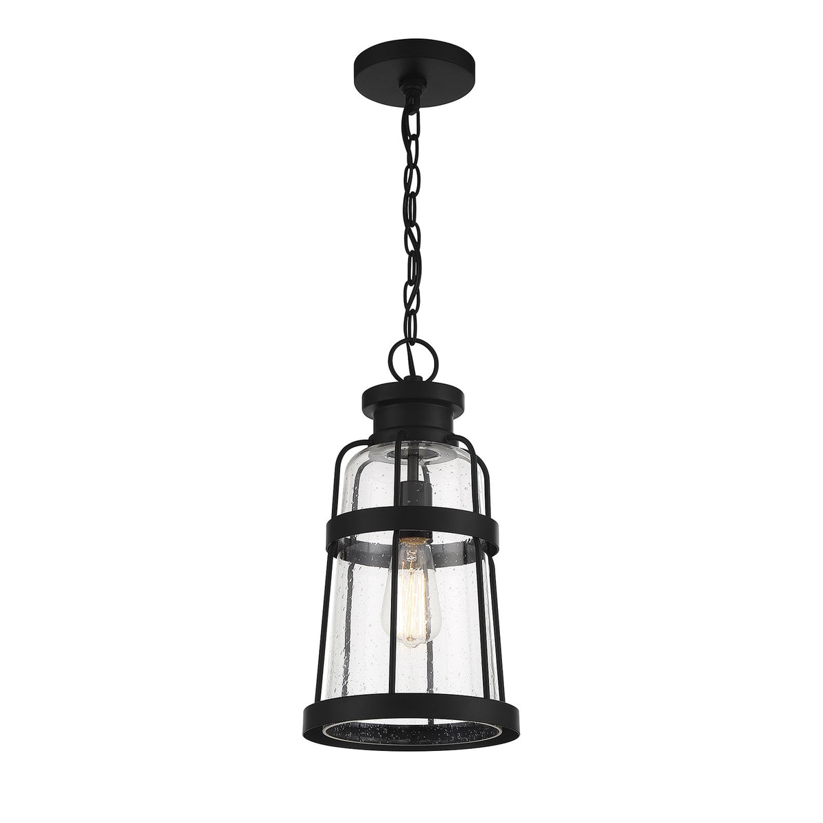 Savoy House Quinton 16.5in 1-Light Outdoor Hanging Lantern | Coastal Matte Black and Clear Seeded Glass | Covered Patio & Porch | Model L5-2943-BK