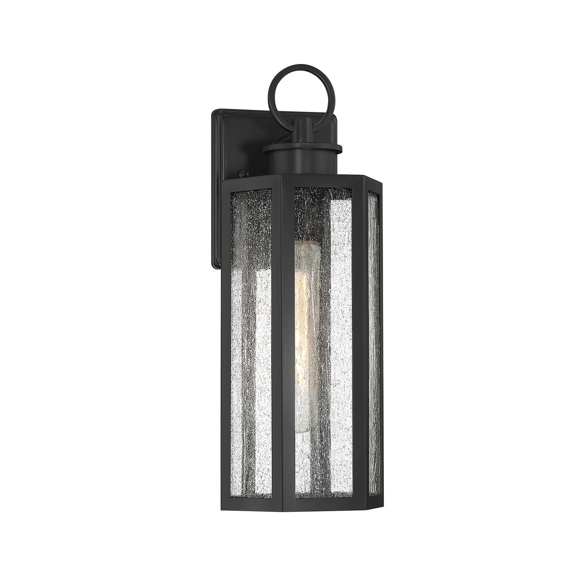 Savoy House Hawthorne 16in 1-Light Outdoor Wall Lantern | Modern Black and Seedy Glass | Front Porch & Entryway Light | Model L5-5101-BK