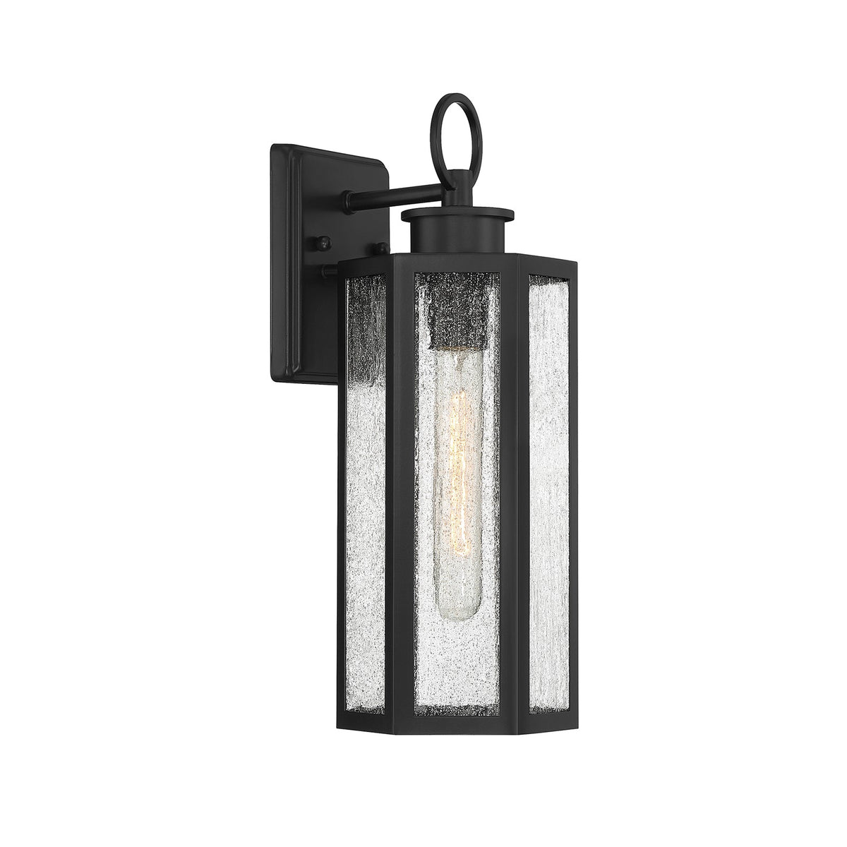 Savoy House Hawthorne 16in 1-Light Outdoor Wall Lantern | Modern Black and Seedy Glass | Front Porch & Entryway Light | Model L5-5101-BK