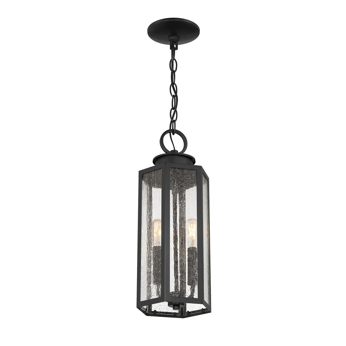 Savoy House Hawthorne 7in 2-Light Outdoor Hanging Lantern | Modern Black and Seedy Glass | Covered Patio & Porch | 7 x 7 x 17.25 in | Model L5-5103-BK