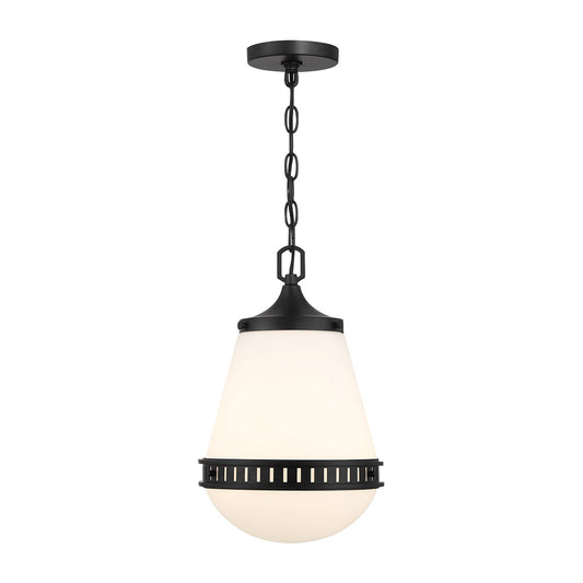 Savoy House Endura 10in 1-Light Pendant | Mid-Century Modern Matte Black and White Opal Glass | Kitchen Island & Dining Room | Model L7-7950-1-89