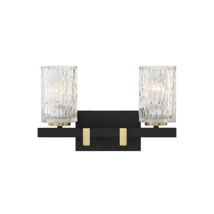 Savoy House Keene 15in 2-Light Vanity Light | Modern Matte Black and Warm Brass with Clear Water Glass | Bathroom Vanity | Model L8-3601-2-143