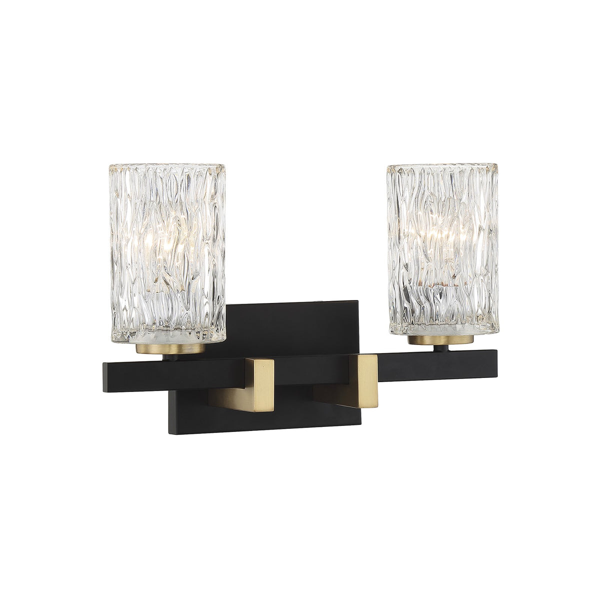 Savoy House Keene 15in 2-Light Vanity Light | Modern Matte Black and Warm Brass with Clear Water Glass | Bathroom Vanity | Model L8-3601-2-143