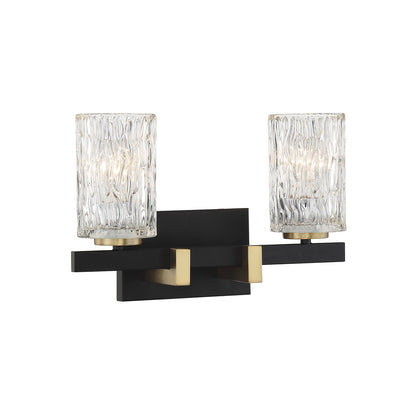 Savoy House Keene 15in 2-Light Vanity Light | Modern Matte Black and Warm Brass with Clear Water Glass | Bathroom Vanity | Model L8-3601-2-143