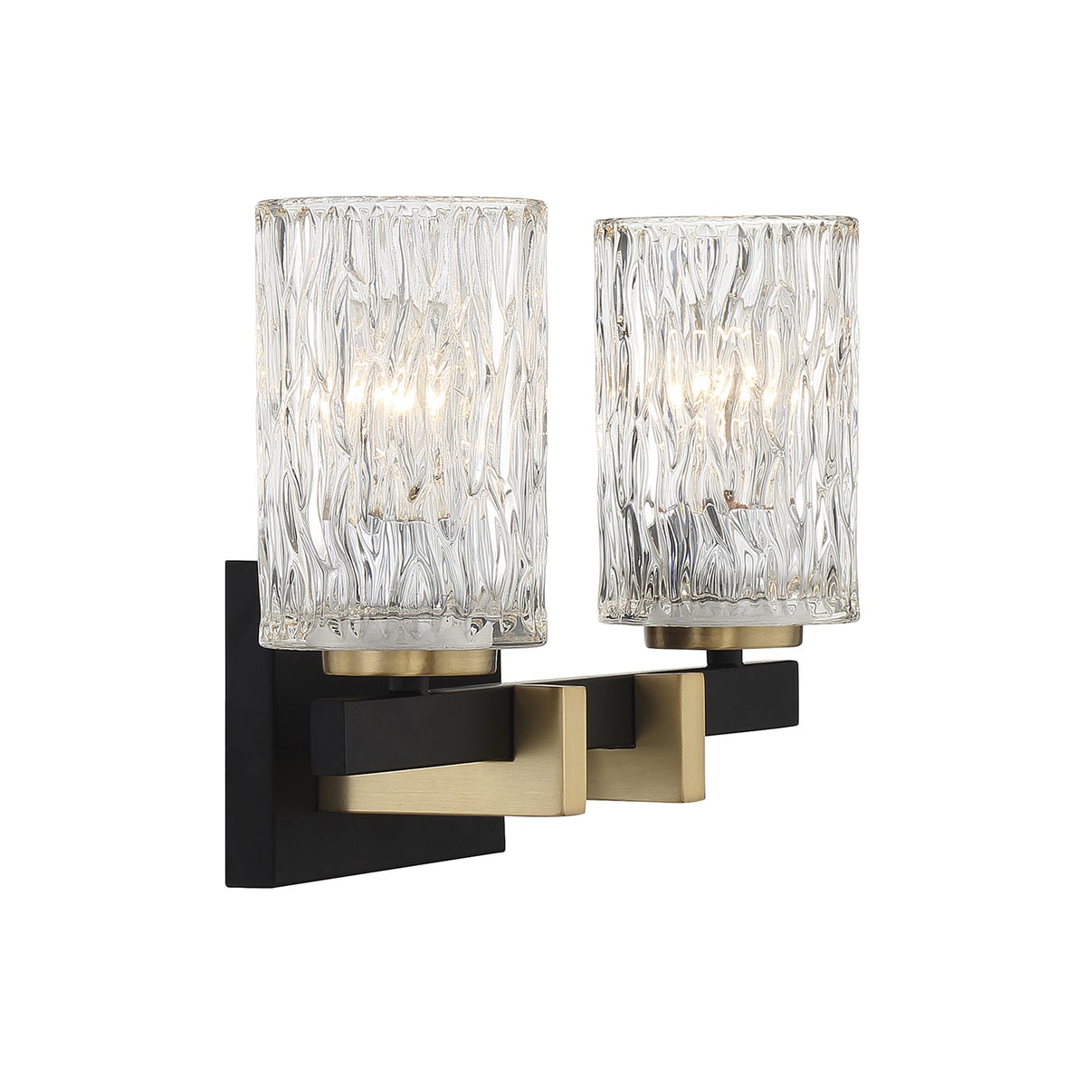 Savoy House Keene 15in 2-Light Vanity Light | Modern Matte Black and Warm Brass with Clear Water Glass | Bathroom Vanity | Model L8-3601-2-143