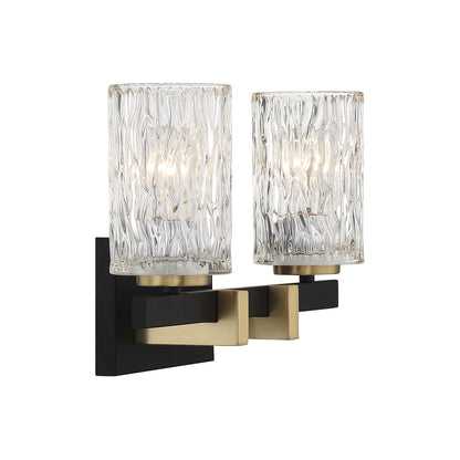 Savoy House Keene 15in 2-Light Vanity Light | Modern Matte Black and Warm Brass with Clear Water Glass | Bathroom Vanity | Model L8-3601-2-143