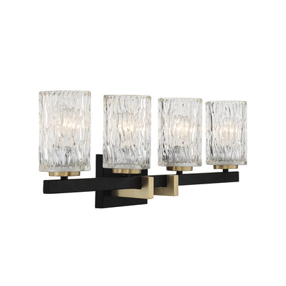 Savoy House Keene 31in 4-Light Vanity Light | Modern Matte Black and Warm Brass Clear Water Glass | Bathroom Vanity | Model L8-3601-4-143