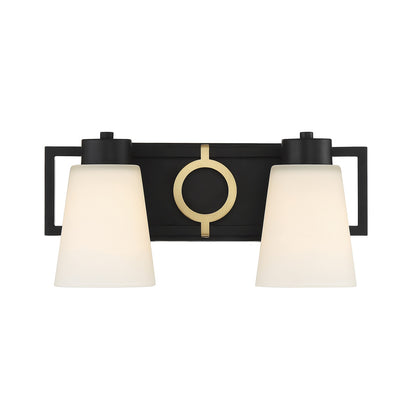 Savoy House Russo 15.5in 2-Light Vanity Light | Vintage Matte Black and Warm Brass White Glass | Bathroom Vanity | Model L8-4450-2-143