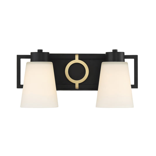 Savoy House Russo 15.5in 2-Light Vanity Light | Vintage Matte Black and Warm Brass White Glass | Bathroom Vanity | Model L8-4450-2-143