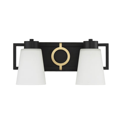 Savoy House Russo 15.5in 2-Light Vanity Light | Vintage Matte Black and Warm Brass White Glass | Bathroom Vanity | Model L8-4450-2-143