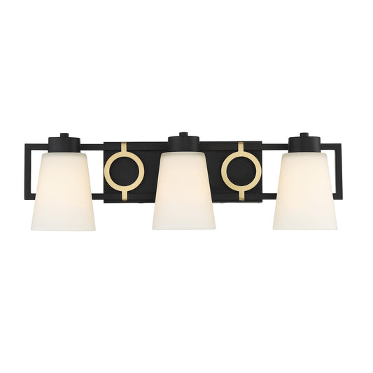 Savoy House Russo 24in 3-Light Vanity Light | Vintage Matte Black and Warm Brass White Glass | Bathroom Vanity | Model L8-4450-3-143