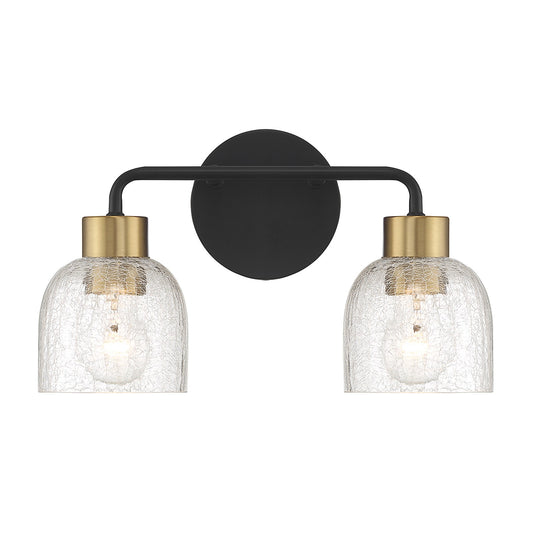Savoy House Flagler 14.5in 2-Light Vanity Light | Modern Matte Black and Warm Brass with Crackled Glass | Bathroom Vanity | Model L8-5900-2-143