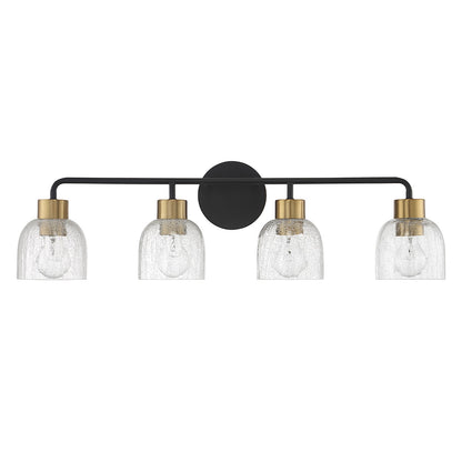 Savoy House Flagler 30in 4-Light Vanity Light | Modern Matte Black and Warm Brass with Crackled Glass | Bathroom Vanity | Model L8-5900-4-143
