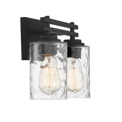 Savoy House Baxter 15in 2-Light Vanity Light | Modern Matte Black and Clear Hammered Glass | Bathroom Vanity | 15 x 5.13 x 9 in | Model L8-6090-2-BK
