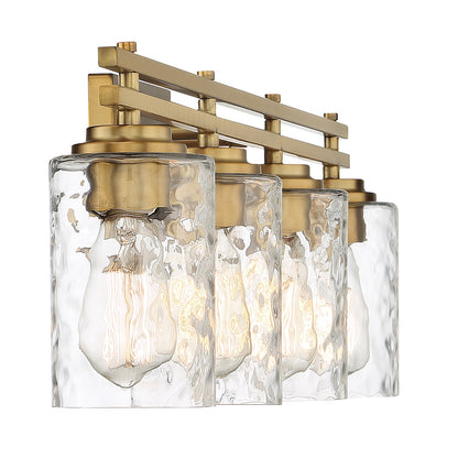 Savoy House Baxter 32in 4-Light Vanity Light | Modern Warm Brass and Clear Hammered Glass | Bathroom Vanity | 32 x 5.13 x 9 in | Model L8-6090-4-322
