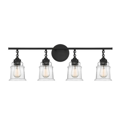 Savoy House Fuller 31in 4-Light Vanity Light | Vintage Matte Black and Clear Glass | Bathroom Vanity | 31.38 x 6.75 x 11 in | Model L8-8055-4-BK