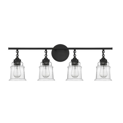 Savoy House Fuller 31in 4-Light Vanity Light | Vintage Matte Black and Clear Glass | Bathroom Vanity | 31.38 x 6.75 x 11 in | Model L8-8055-4-BK