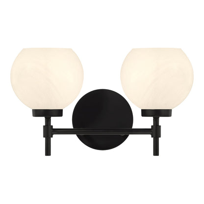 Savoy House Hannah 16in 2-Light Vanity Light | Vintage Matte Black and White Strie Glass | Bathroom Vanity | 16 x 7 x 8 in | Model L8-9621-2-BK