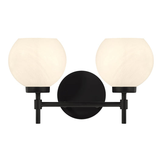 Savoy House Hannah 16in 2-Light Vanity Light | Vintage Matte Black and White Strie Glass | Bathroom Vanity | 16 x 7 x 8 in | Model L8-9621-2-BK