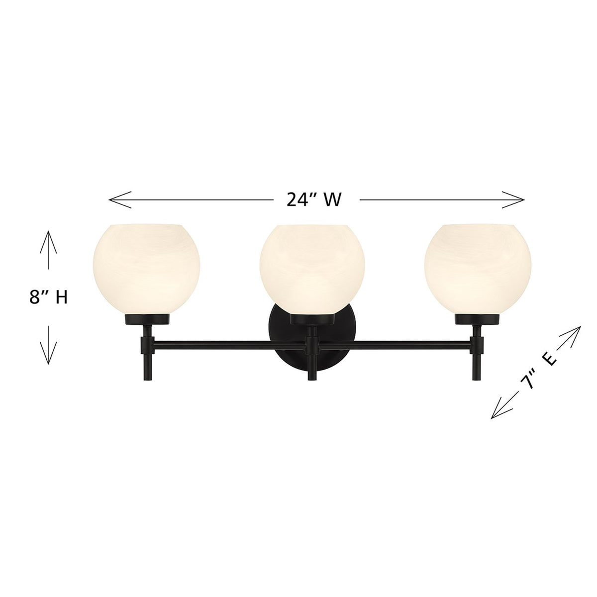 Savoy House Hannah 24in 3-Light Vanity Light | Vintage Matte Black and White Strie Glass | Bathroom Vanity | 24 x 7 x 8 in | Model L8-9621-3-BK