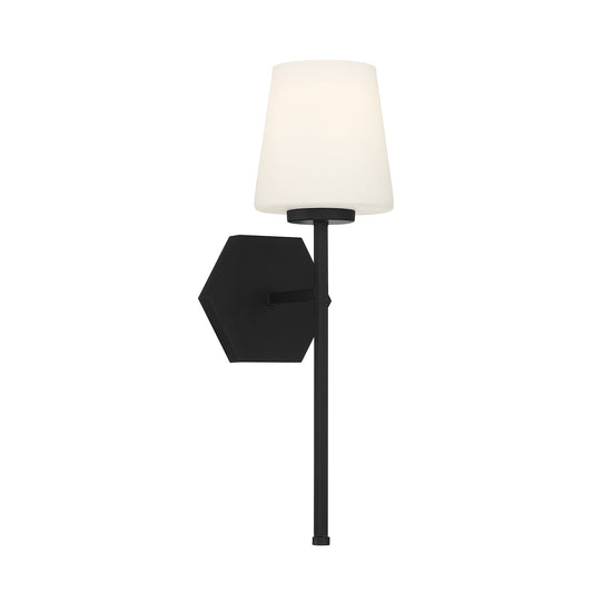 Savoy House Conover 17in 1-Light Wall Sconce | Modern Matte Black and White Opal Glass | Bathroom Vanity & Hallway | Model L9-2222-1-89