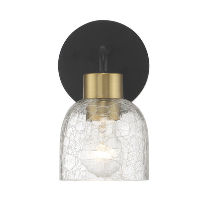 Savoy House Flagler 5in 1-Light Wall Sconce | Modern Matte Black and Warm Brass Crackled Glass | Bedroom & Bathroom Vanity | Model L9-5900-1-143