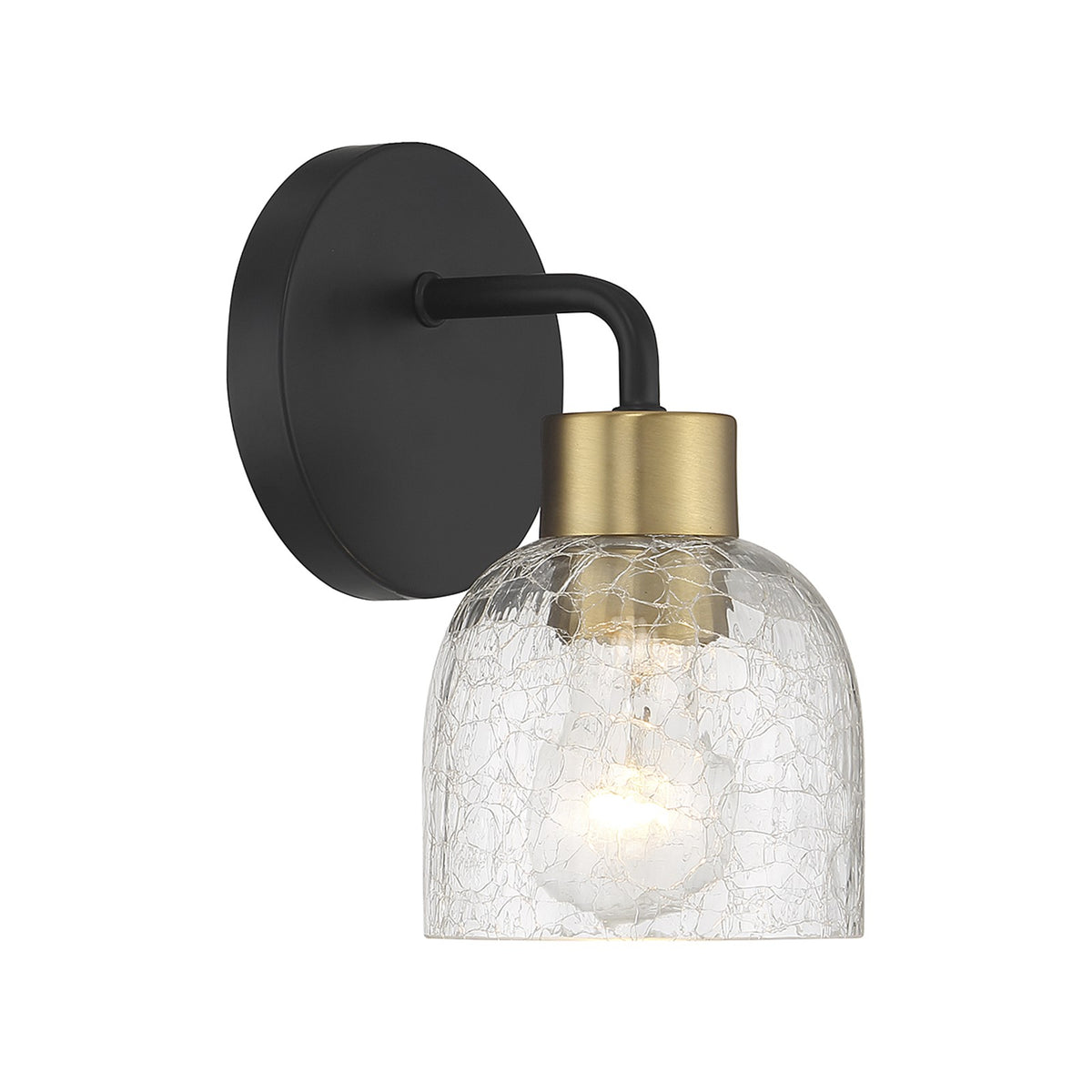 Savoy House Flagler 5in 1-Light Wall Sconce | Modern Matte Black and Warm Brass Crackled Glass | Bedroom & Bathroom Vanity | Model L9-5900-1-143