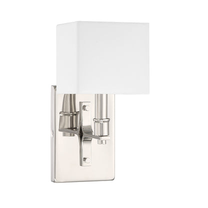 Savoy House Collins 11.5in 1-Light Wall Sconce | Modern Polished Nickel and White Fabric | Bedroom & Bathroom Vanity Light | Model L9-8550-1-109