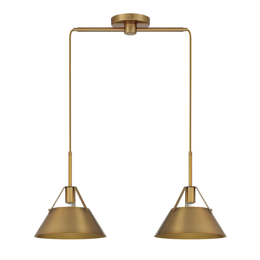 2-Light 11" Linear Chandelier, Natural Brass