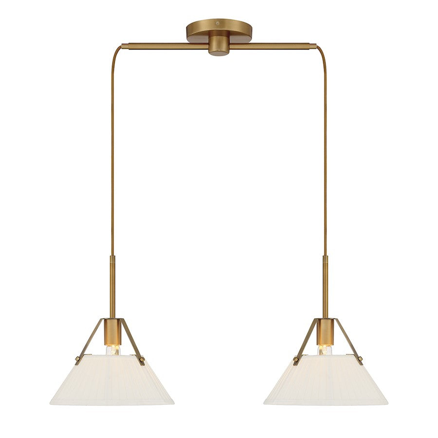 Meridian Vintage 2 Light Linear Chandelier, Natural Brass/White