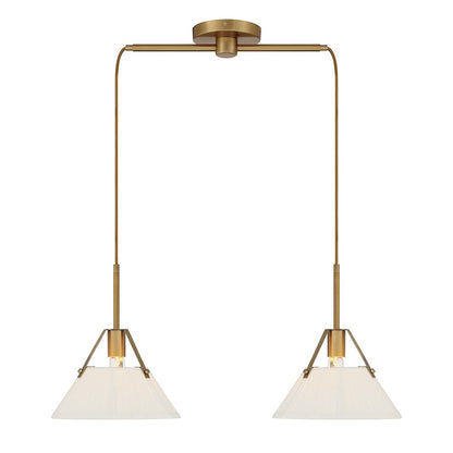 Meridian Vintage 2 Light Linear Chandelier, Natural Brass/White