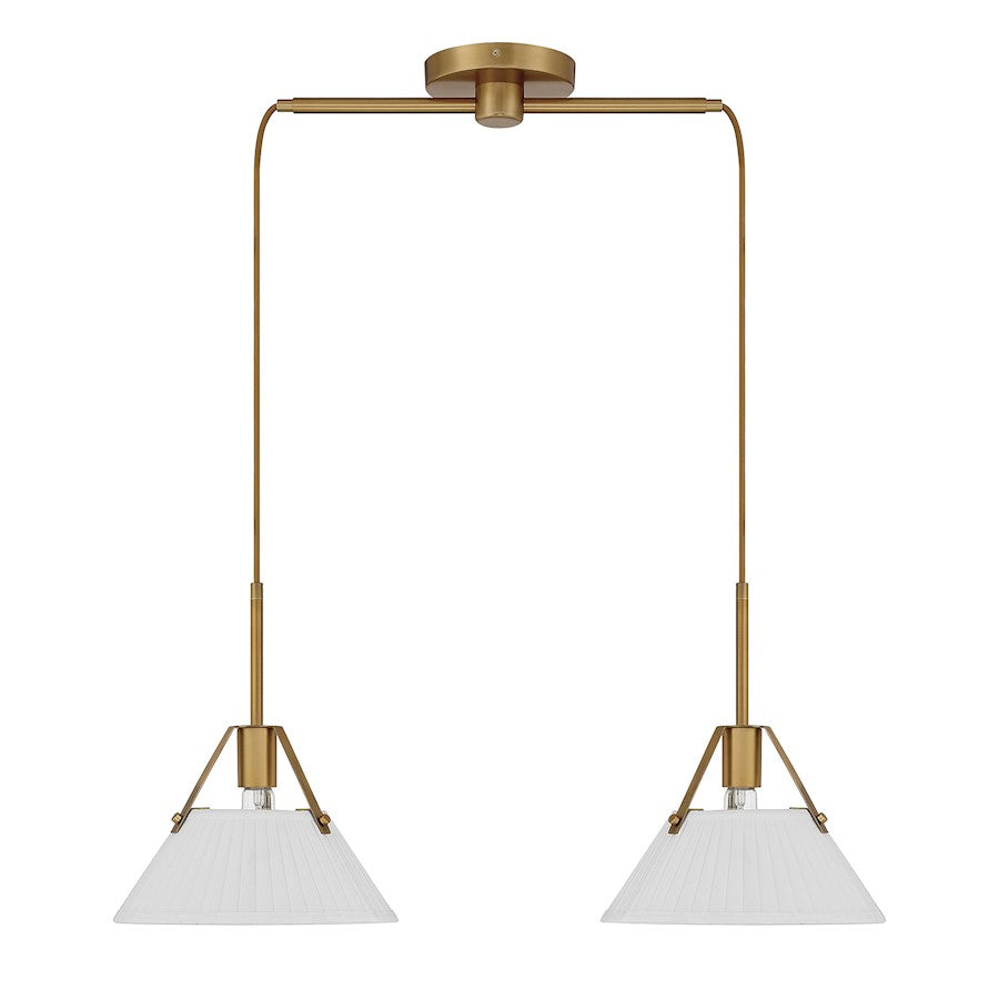Meridian Vintage 2 Light Linear Chandelier, Natural Brass/White