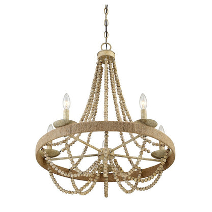 5 Light Chandelier, Natural Wood