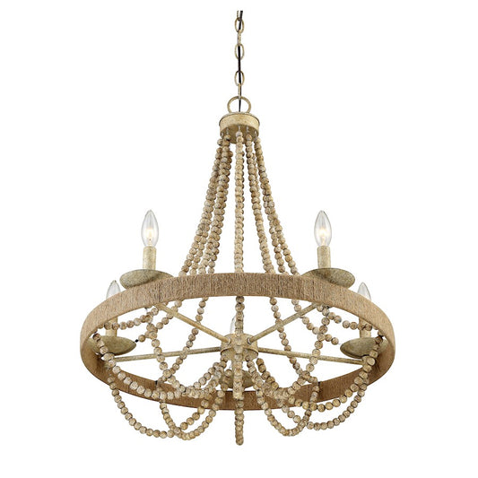 5 Light Chandelier, Natural Wood