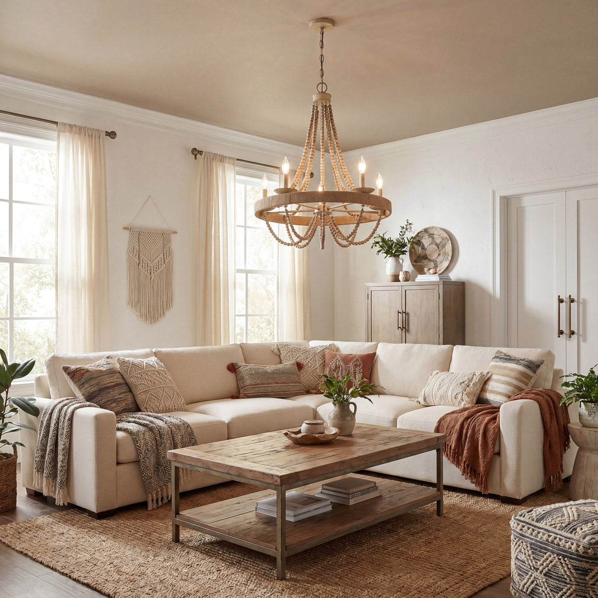 5 Light Chandelier, Natural Wood
