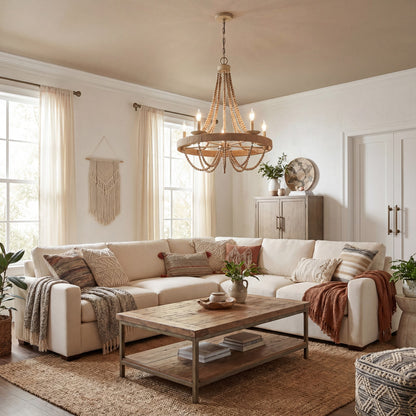 5 Light Chandelier, Natural Wood
