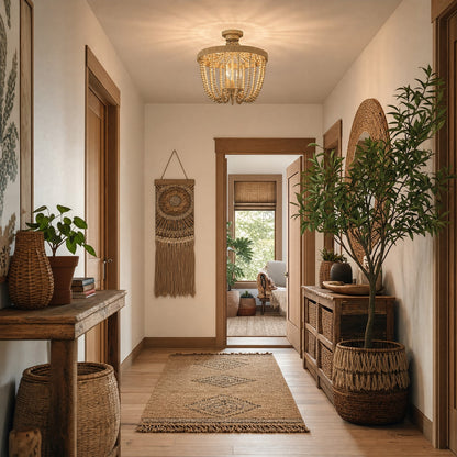 Meridian Bohemian 3 Light Semi Flush Mount, Natural Wood