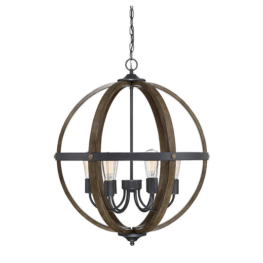 6 Light Pendant, Wood/Black