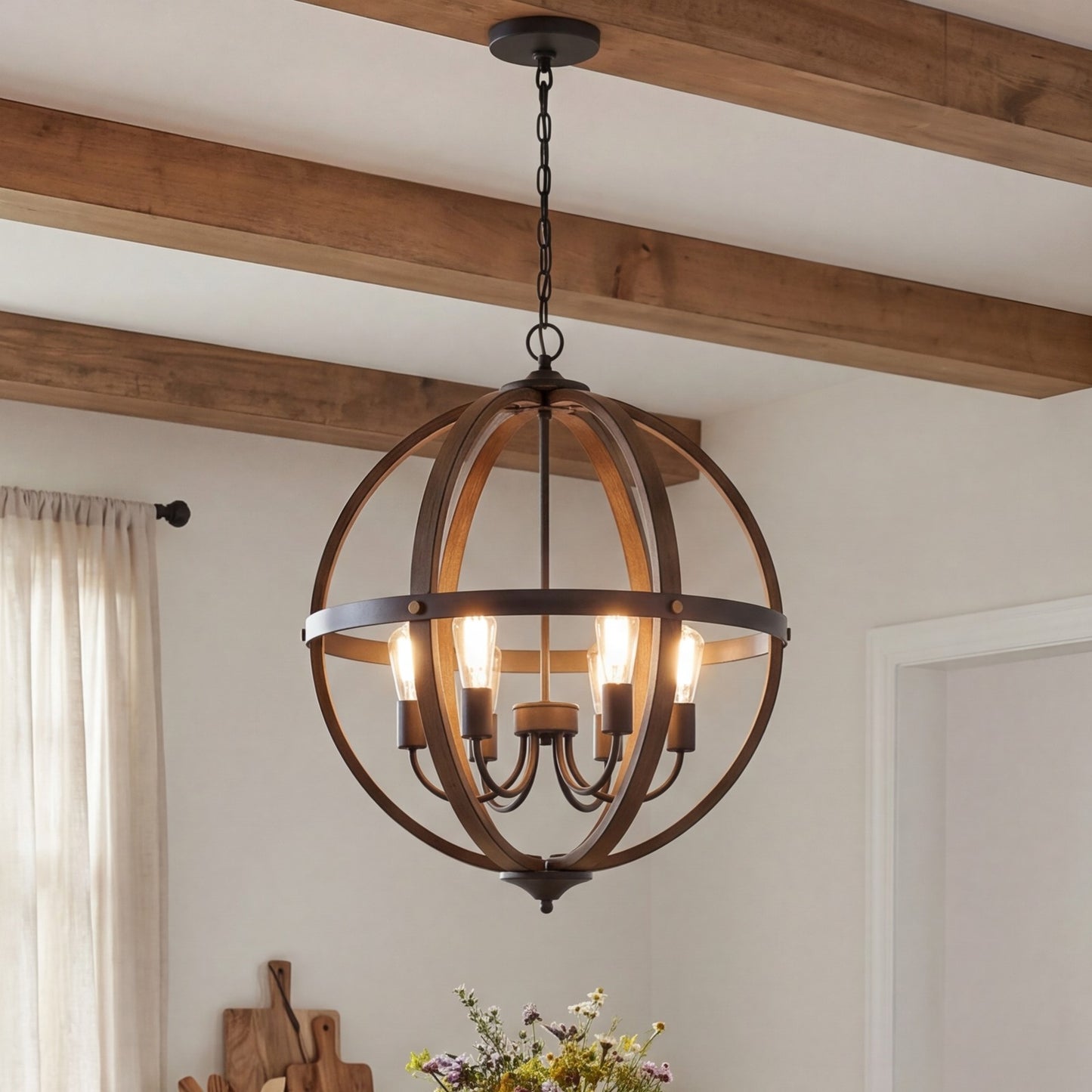 6 Light Pendant, Wood/Black